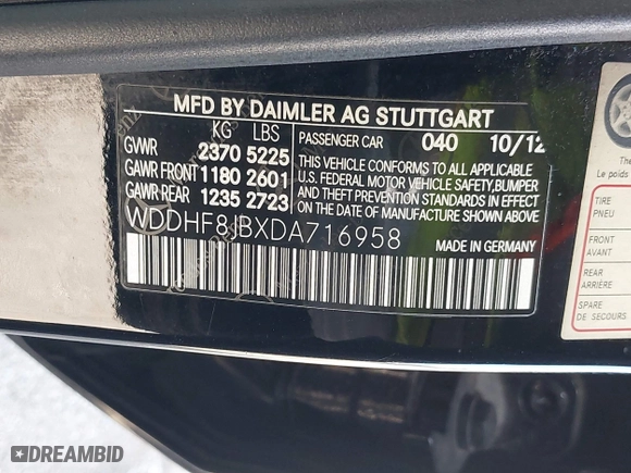 2013 Mercedes-Benz E-Class E 350 Luxury with VIN WDDHF8JBXDA716958, listed as a IAAI auction lot 42080974 with 134,248 mi miles. Bid and sale history available at carsss.com. Image 9.