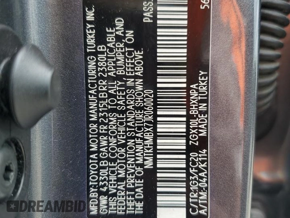 2018 Toyota C-HR XLE with VIN NMTKHMBX7JR060020, listed as a Copart auction lot 58575965 with 86,877 mi miles and Clean title. Bid and sale history available at DreamBid. Image 12.