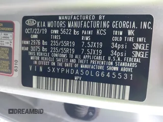 2020 Kia Sorento EX V6 with VIN 5XYPHDA50LG645531, listed as a IAAI auction lot 40678673 with 84,427 mi miles. Bid and sale history available at carsss.com. Image 9.