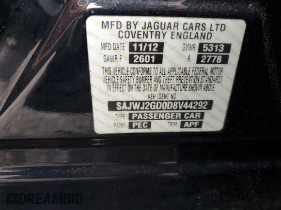2013 Jaguar XJ Portfolio with VIN SAJWJ2GD0D8V44292, listed as a Copart auction lot 57073775 with 100,458 mi miles and Salvage Title. Bid and sale history available at DreamBid. Image 12.