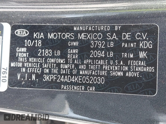 2019 Kia Forte LXS с VIN 3KPF24AD4KE052030, выставлен на аукционе IAAI как лот 42498730 с пробегом 100 875 миль миль и . История ставок и продаж доступна на DreamBid. Изображение 9.