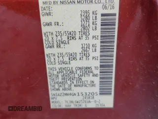 2016 Nissan Murano Platinum with VIN 5N1AZ2MH4GN153205, listed as a Copart auction lot 69627624 with Not provided miles and Salvage title. Bid and sale history available at DreamBid. Image 13.