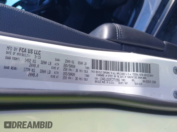 2015 Dodge Durango Limited with VIN 1C4RDJDG3FC771956, listed as a IAAI auction lot 41630105 with 103,657 mi miles and . Bid and sale history available at DreamBid. Image 9.