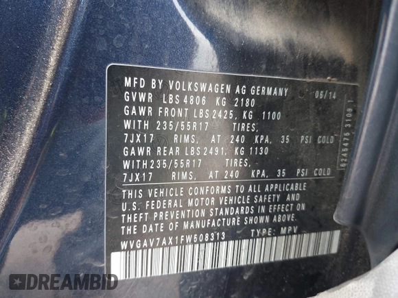 2015 Volkswagen Tiguan SE with VIN WVGAV7AX1FW508313, listed as a IAAI auction lot 42120704 with 136,405 mi miles and . Bid and sale history available at DreamBid. Image 9.