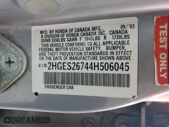 2004 Honda Civic EX with VIN 2HGES26744H506045, listed as a Copart auction lot 54428355 with 175,650 mi miles and Salvage Title. Bid and sale history available at DreamBid. Image 12.