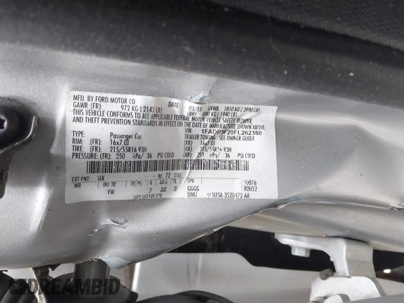 2015 Ford Focus SE with VIN 1FADP3F20FL262380, listed as a IAAI auction lot 42019840 with Not provided miles and . Bid and sale history available at DreamBid. Image 9.