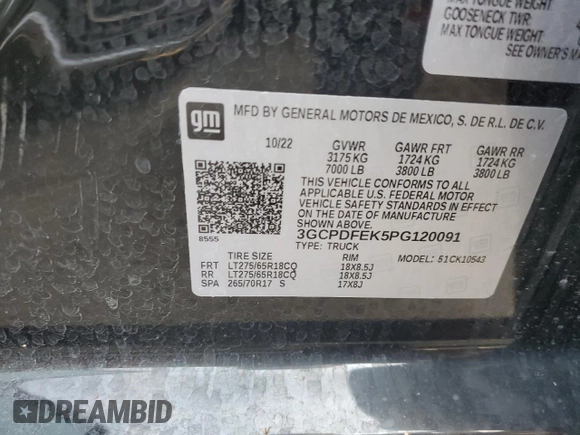 2023 Chevrolet Silverado 1500 LT Trail Boss with VIN 3GCPDFEK5PG120091, listed as a Copart auction lot 73944274 with Not Provided miles and Salvage Title. Bid and sale history available at DreamBid. Image 12.