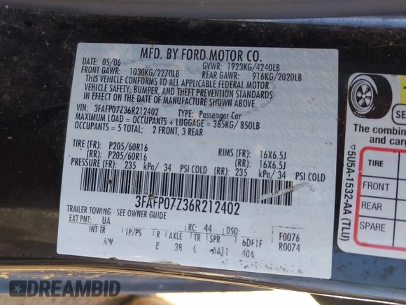 2006 Ford Fusion SE with VIN 3FAFP07Z36R212402, listed as a IAAI auction lot 41856904 with 136,690 mi miles and . Bid and sale history available at DreamBid. Image 9.