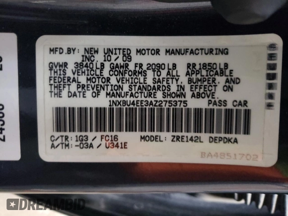 2010 Toyota Corolla with VIN 1NXBU4EE3AZ275375, listed as a Copart auction lot 54578345 with 126,390 mi miles and Salvage Title. Bid and sale history available at carsss.com. Image 12.