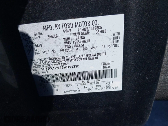 2008 Ford F-150 XL with VIN 1FTPX12V48KD11228, listed as a IAAI auction lot 41551926 with 244,929 mi miles and . Bid and sale history available at DreamBid. Image 9.