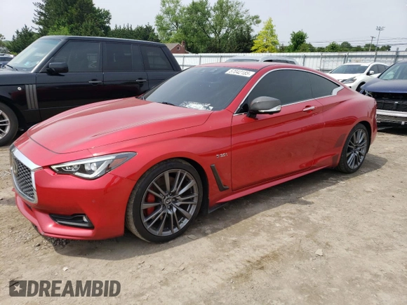 2017 Infiniti Q60 Red Sport 400 with VIN JN1FV7EK9HM610355, listed as a Copart auction lot 57042185 with 54,581 mi miles and Salvage title. Bid and sale history available at DreamBid. Image 1.