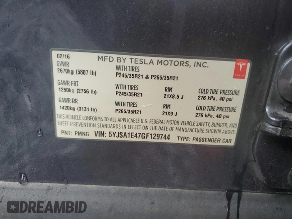 2016 Tesla Model S 90D z VIN 5YJSA1E47GF129744, wystawiony jako Copart lot #47797395 z przebiegiem 87 678 mil mil oraz Szkoda całkowita • Salvage title. Historia ofert i sprzedaży dostępna na DreamBid. Obrazek 14.