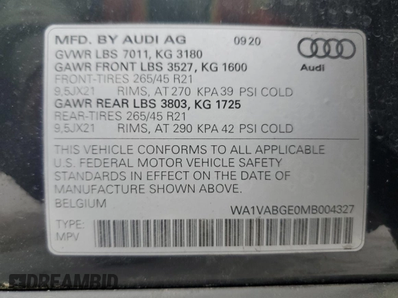2021 Audi e-tron Prestige z VIN WA1VABGE0MB004327, wystawiony jako Copart lot #51814545 z przebiegiem 16 460 mil mil oraz Szkoda całkowita • Salvage title. Historia ofert i sprzedaży dostępna na DreamBid. Obrazek 14.