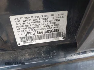 2001 Honda Accord EX z VIN 1HGCG16541A026499, wystawiony jako IAAI lot #42411572 z przebiegiem 195 960 mil mil oraz . Historia ofert i sprzedaży dostępna na DreamBid. Obrazek 9.