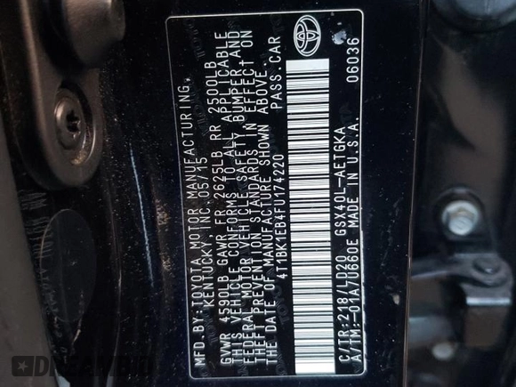 2015 Toyota Avalon Limited with VIN 4T1BK1EB4FU174220, listed as a Copart auction lot 37611773 with 69,781 mi miles and . Bid and sale history available at DreamBid. Image 13.