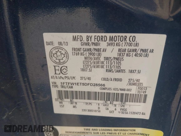 2013 Ford F-150 XL с VIN 1FTFW1ET5DFD28566, выставлен на аукционе IAAI как лот 42492463 с пробегом 81 696 миль миль и . История ставок и продаж доступна на DreamBid. Изображение 9.