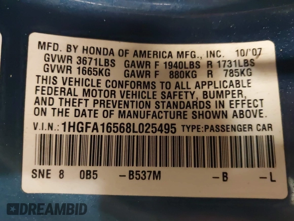 2008 Honda Civic LX with VIN 1HGFA16568L025495, listed as a IAAI auction lot 41967176 with 159,503 mi miles and . Bid and sale history available at DreamBid. Image 9.
