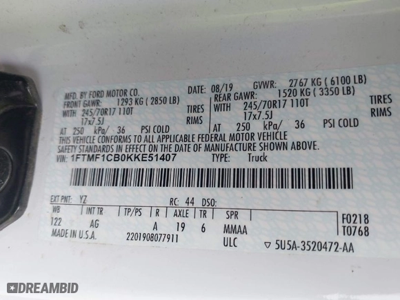 2019 Ford F-150 XL with VIN 1FTMF1CB0KKE51407, listed as a IAAI auction lot 41911128 with 135,119 mi miles. Bid and sale history available at carsss.com. Image 9.