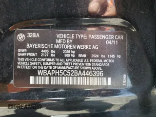 2011 BMW 3 Series 328i with VIN WBAPH5C52BA446396, listed as a Copart auction lot 62538425 with 129,847 mi miles and Salvage title. Bid and sale history available at DreamBid. Image 12.