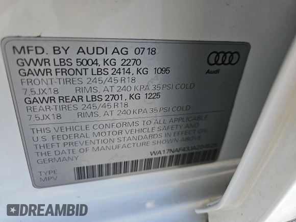 2018 Audi allroad A4 Premium with VIN WA17NAF43JA224529, listed as a Copart auction lot 51789015 with 82,198 mi miles and Salvage Title. Bid and sale history available at DreamBid. Image 13.