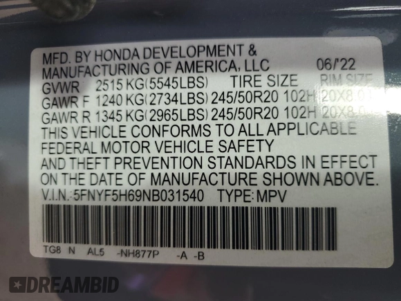 2022 Honda Pilot Touring 7-Passenger z VIN 5FNYF5H69NB031540, wystawiony jako Copart lot #51661185 z przebiegiem 58 316 mil mil oraz Szkoda całkowita • Salvage title. Historia ofert i sprzedaży dostępna na DreamBid. Obrazek 13.