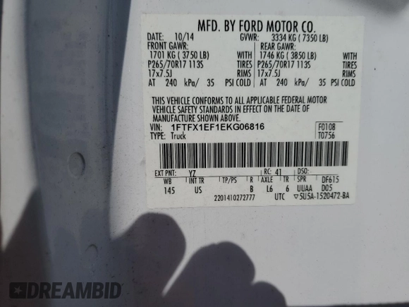2014 Ford F-150 XL with VIN 1FTFX1EF1EKG06816, listed as a Copart auction lot 48240215 with 78,647 mi miles and Clean Title. Bid and sale history available at DreamBid. Image 12.