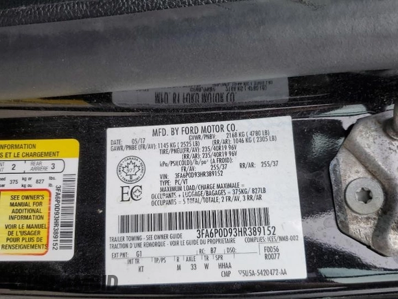 2017 Ford Fusion Titanium with VIN 3FA6P0D93HR389152, listed as a Copart auction lot 62600135 with 147,645 mi miles and Salvage title. Bid and sale history available at DreamBid. Image 13.