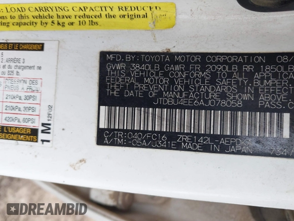 2010 Toyota Corolla with VIN JTDBU4EE6AJ078058, listed as a IAAI auction lot 41648036 with Not Provided miles and . Bid and sale history available at DreamBid. Image 9.