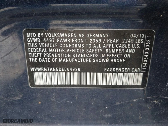 2013 Volkswagen CC Lux with VIN WVWRN7AN5DE564926, listed as a IAAI auction lot 41426384 with 181,275 mi miles. Bid and sale history available at carsss.com. Image 9.
