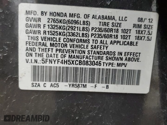 2012 Honda Pilot EX-L with VIN 5FNYF4H5XCB083046, listed as a Copart auction lot 50538015 with 182,293 mi miles and Salvage title. Bid and sale history available at DreamBid. Image 13.