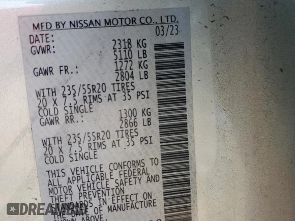 2023 Nissan Murano SL with VIN 5N1AZ2CJ7PC131408, listed as a Copart auction lot 45731385 with 42,936 mi miles and Non Repairable. Bid and sale history available at DreamBid. Image 14.