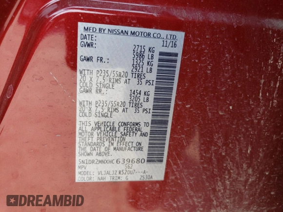 2017 Nissan Pathfinder SV z VIN 5N1DR2MNXHC639680, wystawiony jako Copart lot #54716355 z przebiegiem 110 093 mil mil oraz Szkoda całkowita • Salvage title. Historia ofert i sprzedaży dostępna na DreamBid. Obrazek 13.