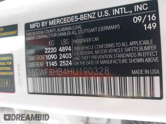 2017 Mercedes-Benz C 63 S AMG z VIN 55SWF8HB4HU190328, wystawiony jako IAAI lot #41681196 z przebiegiem 42 211 mil mil oraz . Historia ofert i sprzedaży dostępna na DreamBid. Obrazek 9.