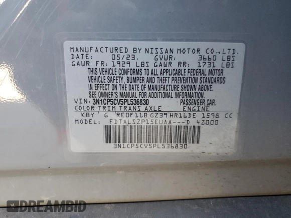 2023 Nissan Kicks SV with VIN 3N1CP5CV5PL536830, listed as a Copart auction lot 47498635 with 58,890 mi miles and Salvage Title. Bid and sale history available at DreamBid. Image 13.