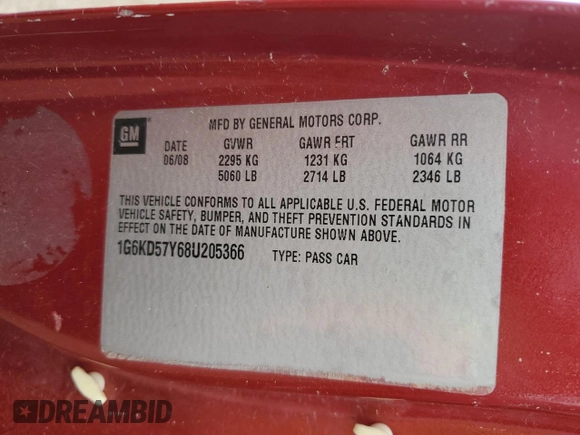 2008 Cadillac DTS 1SC with VIN 1G6KD57Y68U205366, listed as a Copart auction lot 54571125 with 134,888 mi miles and Non Repairable. Bid and sale history available at carsss.com. Image 12.