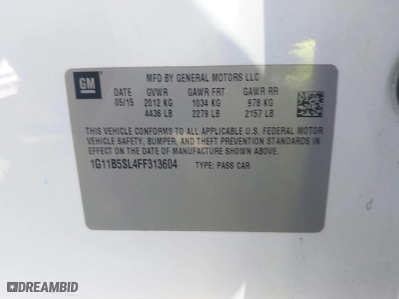 2015 Chevrolet Malibu LS with VIN 1G11B5SL4FF313604, listed as a IAAI auction lot 41826651 with 138,809 mi miles. Bid and sale history available at carsss.com. Image 9.