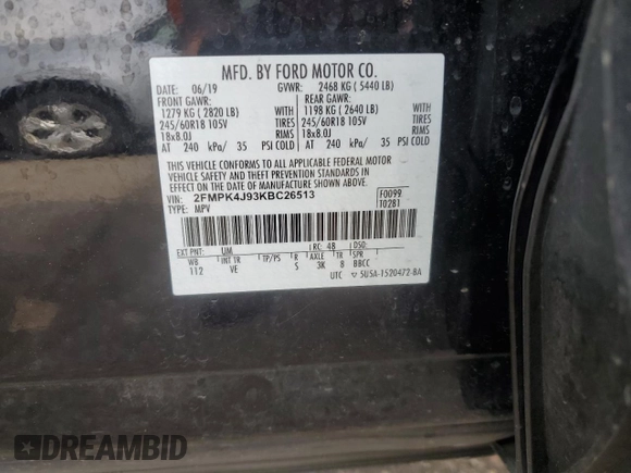 2019 Ford Edge SEL with VIN 2FMPK4J93KBC26513, listed as a Copart auction lot 59301295 with 58,364 mi miles and Salvage title. Bid and sale history available at DreamBid. Image 13.