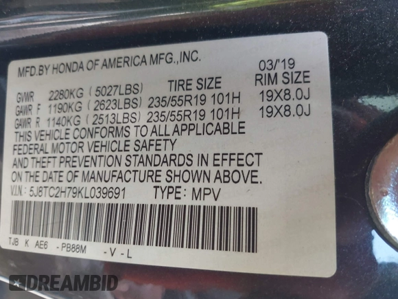 2019 Acura RDX Advance with VIN 5J8TC2H79KL039691, listed as a IAAI auction lot 41877291 with Not Provided miles and . Bid and sale history available at DreamBid. Image 9.