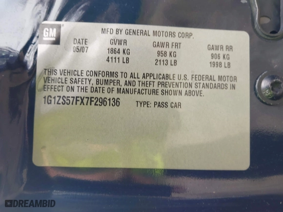 2007 Chevrolet Malibu LS w/1FL with VIN 1G1ZS57FX7F296136, listed as a IAAI auction lot 41974214 with 68,709 mi miles. Bid and sale history available at carsss.com. Image 9.