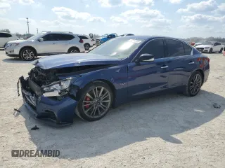 2020 Infiniti Q50 Red Sport 400 with VIN JN1FV7APXLM630530, listed as a Copart auction lot 43717855 with 99,410 mi miles and Non Repairable. Bid and sale history available at carsss.com. Image 1.
