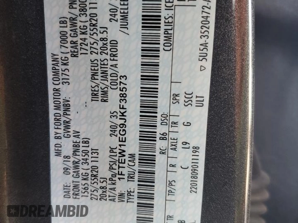 2018 Ford F-150 XL with VIN 1FTEW1EG9JKF38573, listed as a Copart auction lot 43364865 with 82,392 mi miles and Salvage Title. Bid and sale history available at DreamBid. Image 12.