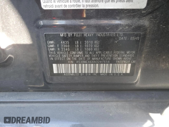 2010 Subaru Legacy 2.5i with VIN 4S3BMCA6XA3247656, listed as a Copart auction lot 73057464 with 196,256 mi miles and Salvage Title. Bid and sale history available at carsss.com. Image 12.