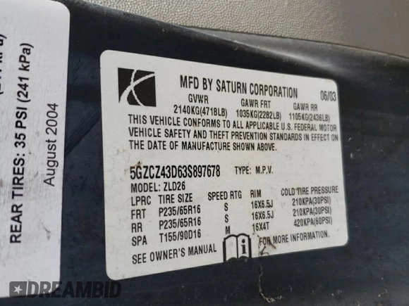 2003 Saturn VUE with VIN 5GZCZ43D63S897678, listed as a Copart auction lot 72332934 with 92,557 mi miles and Salvage Title. Bid and sale history available at DreamBid. Image 15.