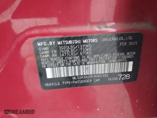 2015 Mitsubishi Mirage DE with VIN ML32A3HJ0FH045392, listed as a IAAI auction lot 41765934 with 61,847 mi miles. Bid and sale history available at carsss.com. Image 9.