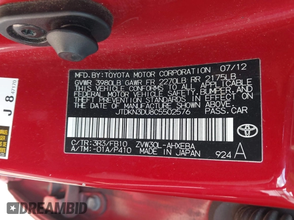 2012 Toyota Prius One with VIN JTDKN3DU8C5502576, listed as a IAAI auction lot 42058504 with 139,855 mi miles. Bid and sale history available at carsss.com. Image 9.