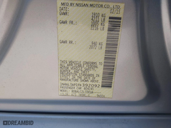 2015 Nissan Altima 2.5 with VIN 1N4AL3AP1FN392092, listed as a IAAI auction lot 41666884 with 88,888 mi miles. Bid and sale history available at carsss.com. Image 9.