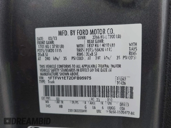 2013 Ford F-150 XL with VIN 1FTFW1ET2DFB95975, listed as a IAAI auction lot 42151662 with 151,993 mi miles. Bid and sale history available at carsss.com. Image 9.