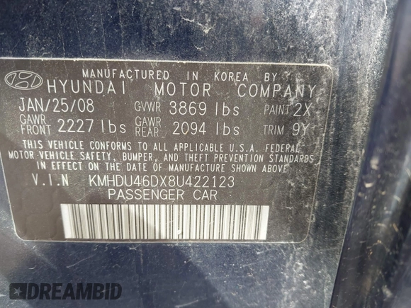 2008 Hyundai Elantra GLS with VIN KMHDU46DX8U422123, listed as a IAAI auction lot 42112007 with 97,091 mi miles and . Bid and sale history available at DreamBid. Image 9.