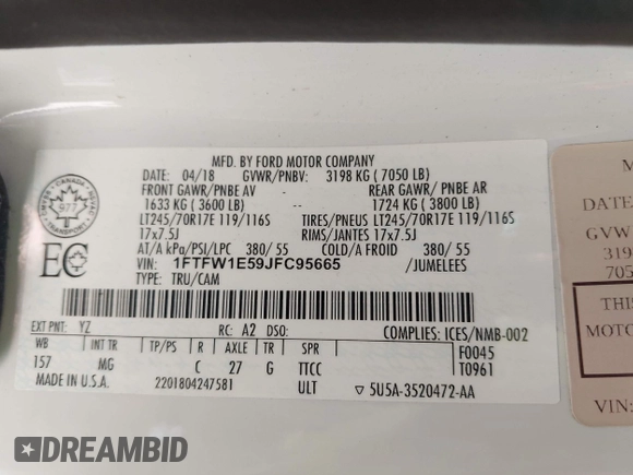 2018 Ford F-150 XL with VIN 1FTFW1E59JFC95665, listed as a IAAI auction lot 42512834 with 196,021 mi miles and . Bid and sale history available at DreamBid. Image 9.