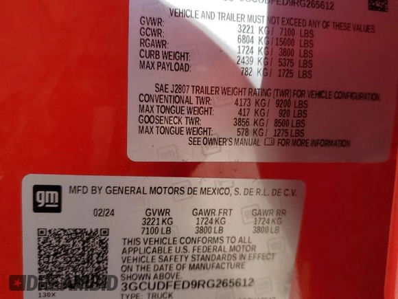 2024 Chevrolet Silverado 1500 with VIN 3GCUDFED9RG265612, listed as a Copart auction lot 52139965 with Not Provided miles and Non Repairable. Bid and sale history available at DreamBid. Image 12.